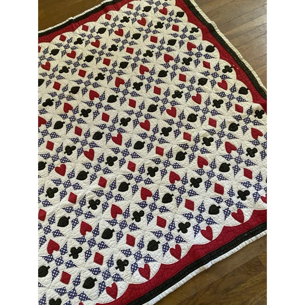 Vintage 1930s Quilt Western Texas Poker Polka Dots Folk Art Playing Cards 75x60